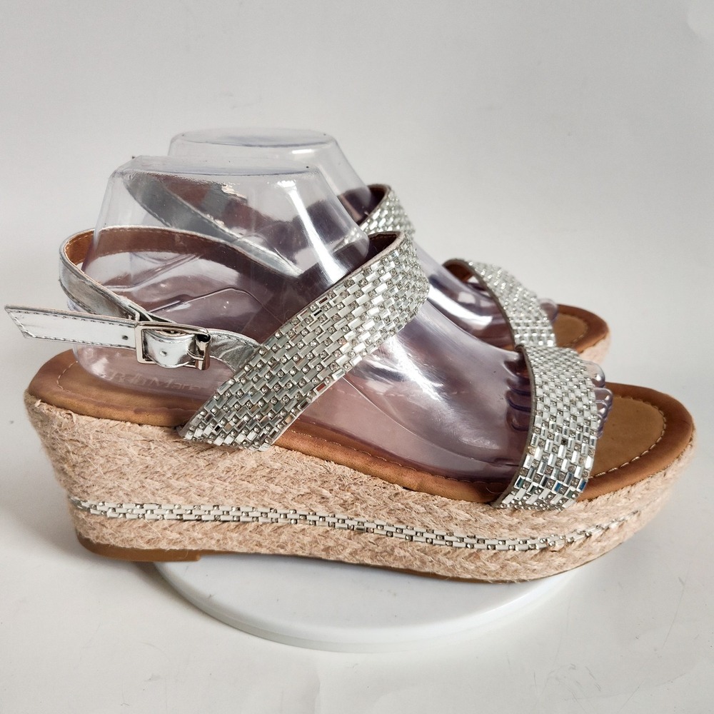New Bella Marie Sandals Size 10 Espadrille Platform Silver Faux Leather Strappy